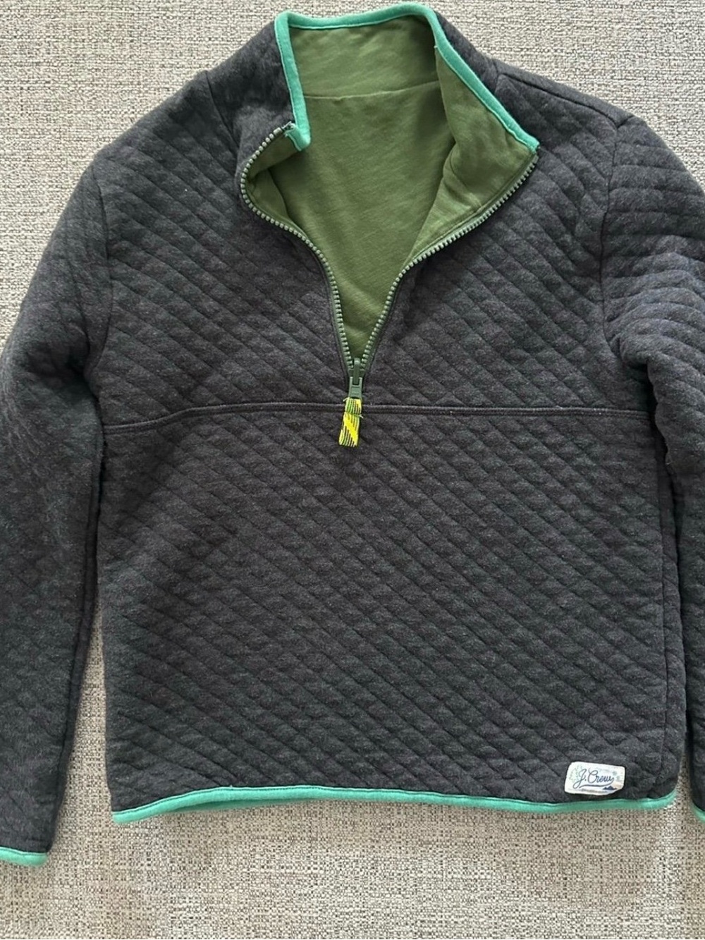 J. Crew Kids Quilted Half-Zip Pullover Jacket - Dark Gray with Green Trim